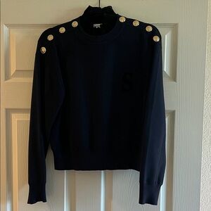 Sandro Navy Sweater with Gold Button Accents and a Black Chenille Collar